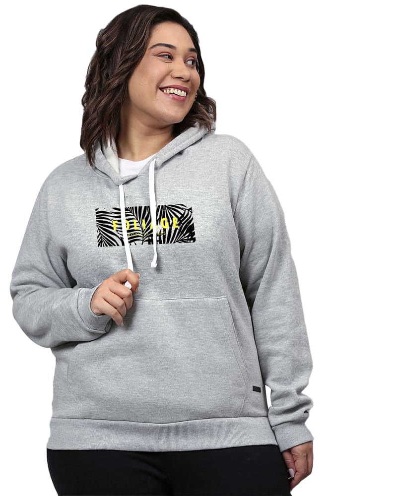Front of a model wearing a size 4XL Grey Printed "Foliage" Hooded Sweatshirt in Light Grey by Instafab Plus. | dia_product_style_image_id:297237